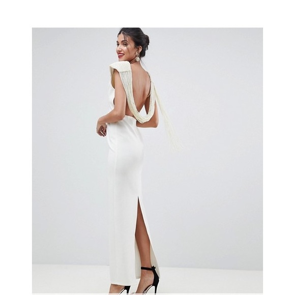 asos deep plunge pearl back midi dress